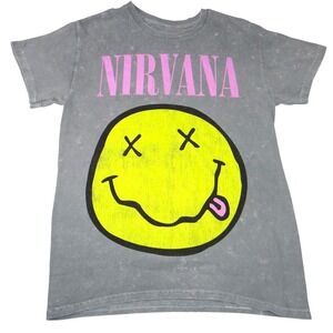 Nirvana Smiley Face T-Shirt Gray Acid Wash Graphic Tee Size S
